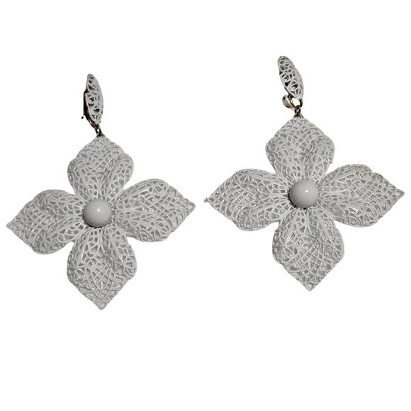1960s Vintage Signed Napier Patent Pending Big White Filigree Drop Clip Earrings - Picture 1 of 4